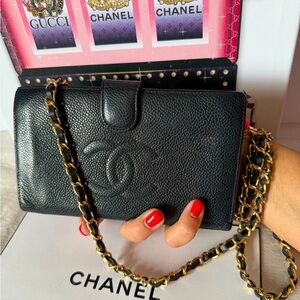CHANEL Black Leather CC Long Wallet on Chain